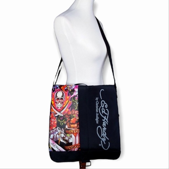 NEW Ed Hardy Messenger Bag Black Skull Tattoo Graphic Y2K Christian Audigier - Picture 2 of 11